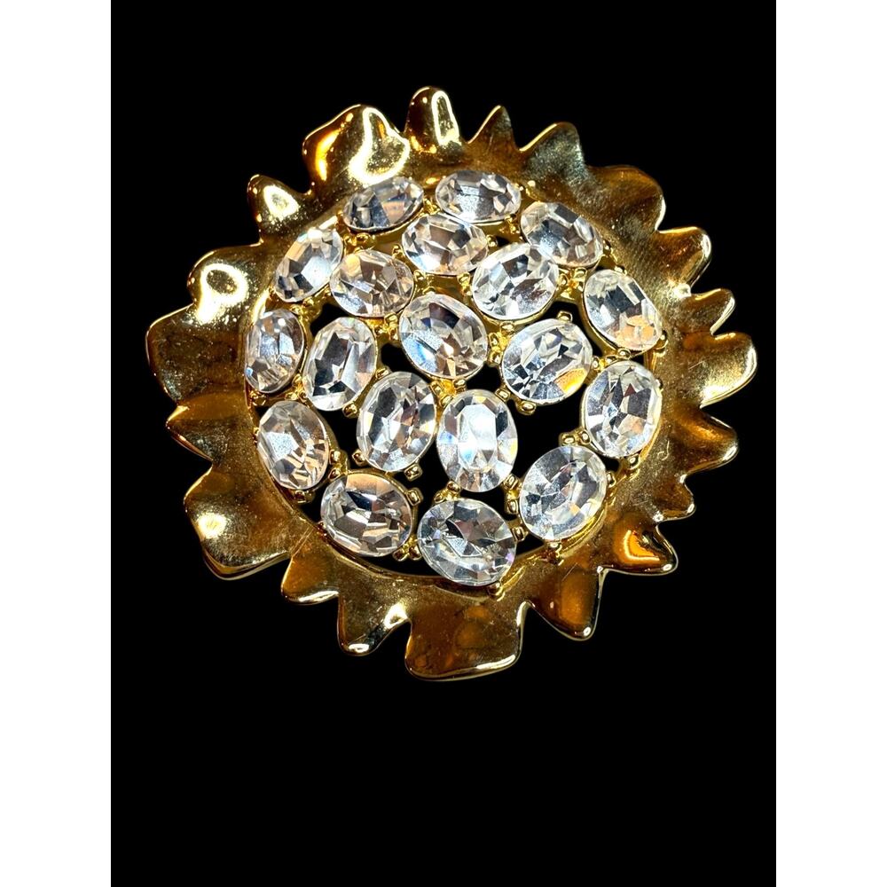 Vintage Signed KJL Kenneth Jay Lane Gold-Tone 3D Rhinestone Sunflower Brooch
